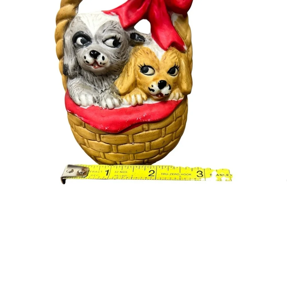 VTG 1985 Giftco Dog Basket‎ Bell Figurine Cute Puppies Red Bow Christmas Holiday